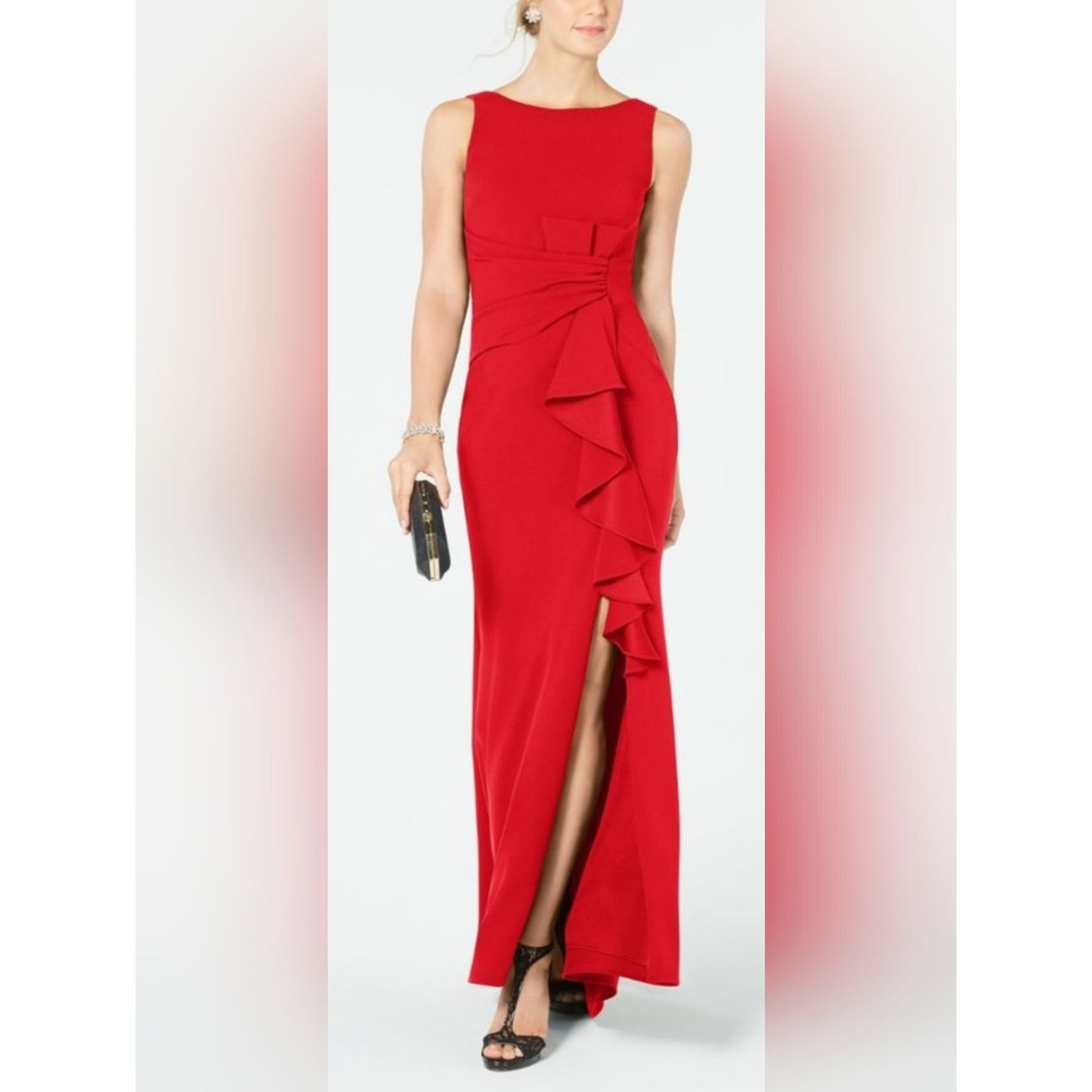 Betsy & Adam Petite Christine Scuba Crepe Ruffled Bow Gown Nwot Size 4p Red
